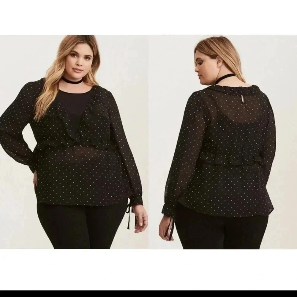 Torrid Blk Polka Dot Print Ruffle Tie Blouse(0)
